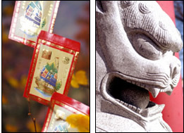 Paquetes de dinero de la buena suerte para el nuevo año lunar. Estatua de piedra del león. 