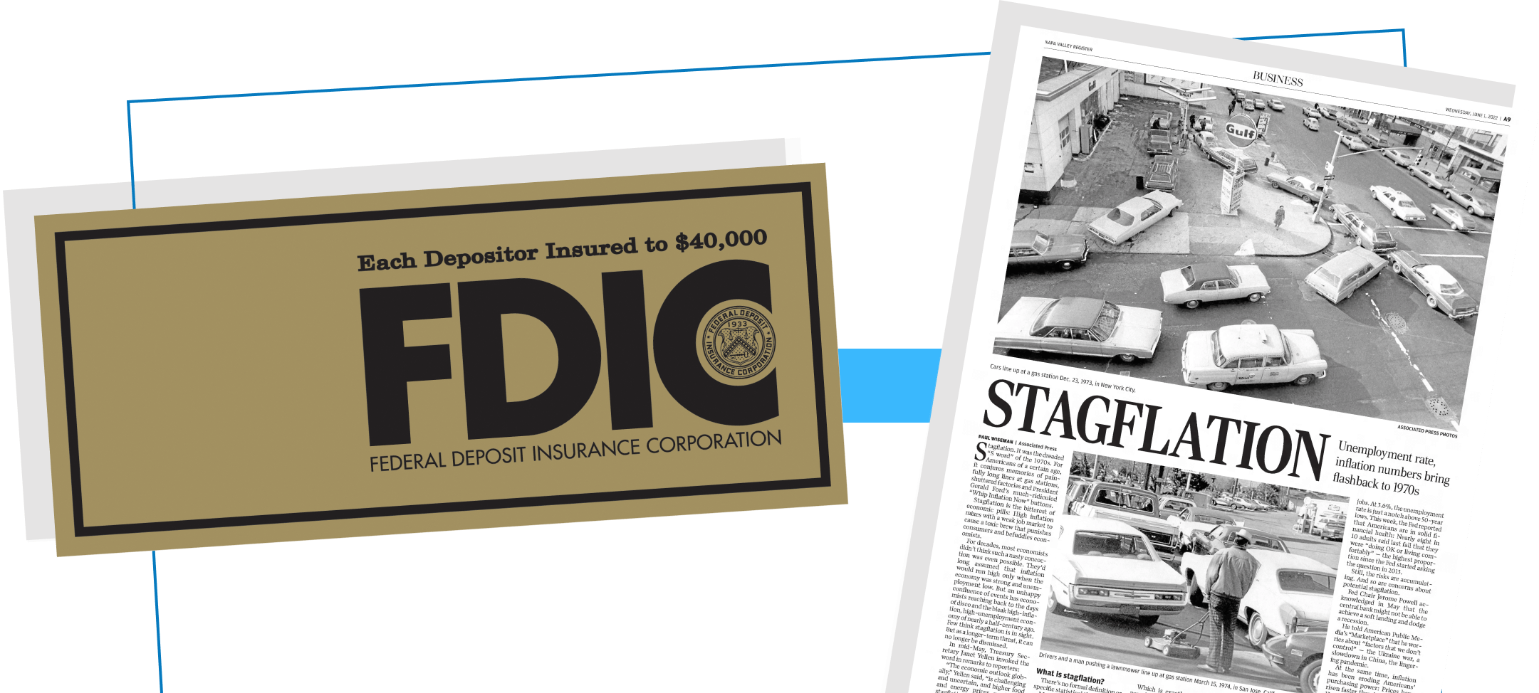 FDIC Insured Plaque from 1970s and Stagflation News Paper article.