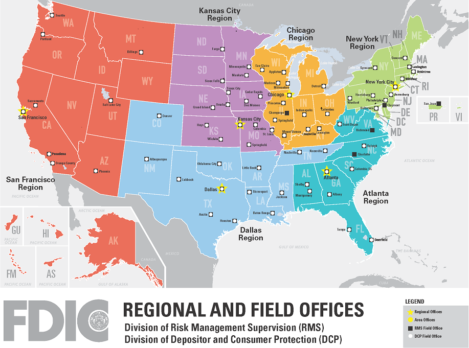 USA map showing which states and territories comprise each of the FDIC regions.