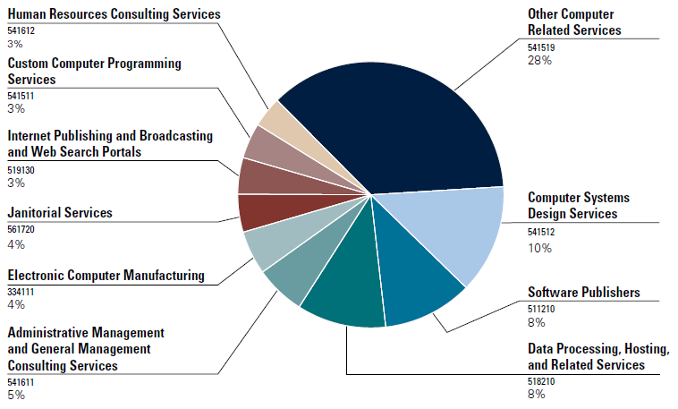 Pie chart divided in 10 parts: 541519 Other Computer Related Services
 37%; 541512 Computer Systems Design Services
 13%; 511210 Software Publishers
 11%; 518210 Data Processing, Hosting, and Related Services
 11%; 541611 Administrative Management and General Management Consulting Services 
6%; 334111 Electronic Computer Manufacturing
 5% 561720 Janitorial Services
 5%; 519130 Internet Publishing and Broadcasting and Web Search Portals
 4%; 541511 Custom Computer Programming Services
 4%; 541612 Human Resources Consulting Services
 4%
