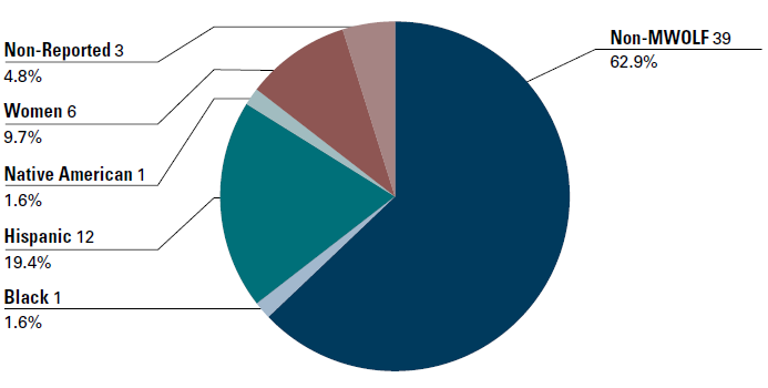 Pie chart divided in six parts: Non-MWOLF 39, 62.9%; Black 1, 1.6%; Hispanic 12, 19.4%; Native American 1, 1.6%; Women 6, 9.7%; Non-Reported 3, 4.8%