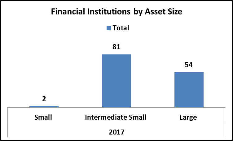 Bar chart for data comparing financial institutions by asset size. See table below for data