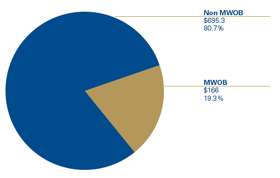 Pie chart shows Non MWOB: $695.3 (80.7%) and MWOB: $166 (19.3%)