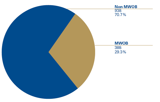 Pie chart shows Non MWOB: $938 (70.7%) and MWOB: $388 (29.3%)