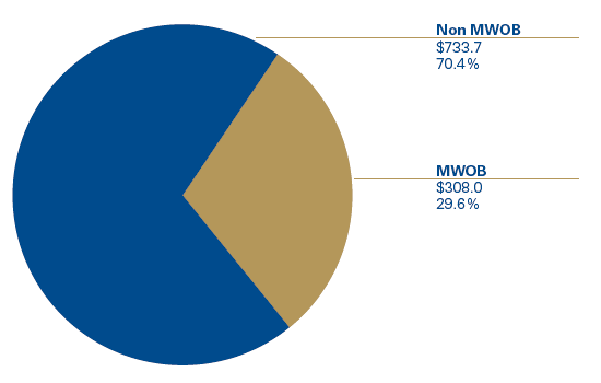 Pie chart shows Non MWOB: $733.7 (70.4%) and MWOB: $308.0 (29.6%)