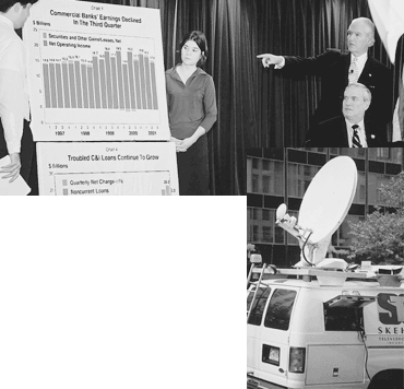 Photographs (top): On November 29, Chairman Powell’s (standing, right) press conference to issue the latest Preliminary Bank Earnings Report is broadcast on the Internet for the first time. (Bottom): The video images of the press conference are transmitted via satellite Webcast.