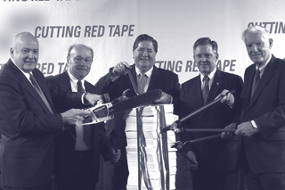 Determined to cut red tape and reduce regulatory burden are (l to r), OTS Director James Gilleran, Jim McLaughlin of the American Bankers Association, Harry Doherty of America’s Community Bankers, FDIC Vice Chairman John Reich and Ken Guenther of the Independent Community Bankers of America. 