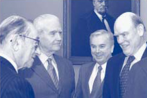 Leaders gather at Commission’s first meeting (l to r): Federal Reserve Board Chairman Alan Greenspan, FDIC Chairman Donald E. Powell, National Credit Union Administration Chairman Dennis Dollar and Treasury Secretary John Snow.