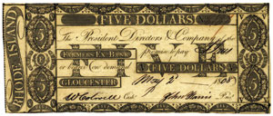 This note was issued by the Farmer’s Exchange Bank of Gloucester, Rhode Island, in 1808; the following year, Farmer’s Exchange became the first bank in the U.S. to fail. 