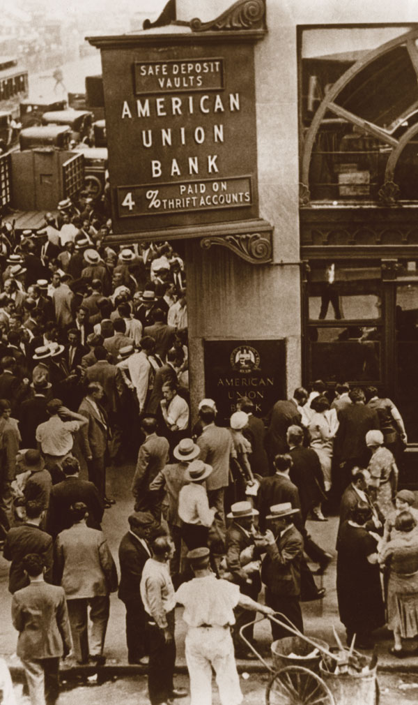 On August 5, 1931, depositors congregated outside the closed American Union Bank at 37th Street and 8th Avenue in New York City. Courtesy of Corbis Images