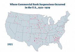 Animated map of where commercial bank suspensions occured in the U.S., 1921-1929