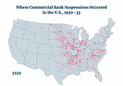Animated map of where commercial bank suspensions occured in the U.S., 1930-1933