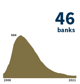 Text says '46 banks' and a graph starting in 2008 and ending in 2021 in a generally declining slope