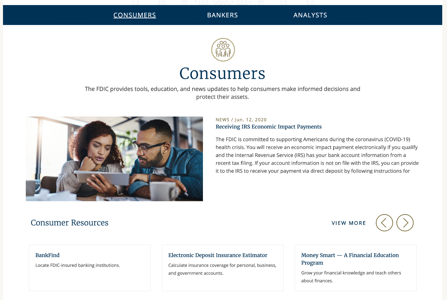 An example of the Consumers section of the FDIC homepage