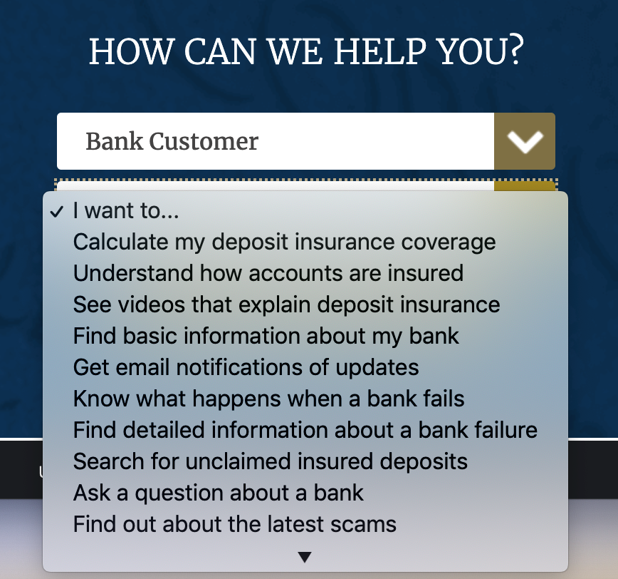 The How Can We Help You Dropdown Box displaying options on the FDIC site