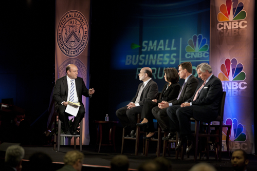 Image: CNBC's Steve Liesman (far left) poses a question to the forum's 'Framing the Issues Panel,' composed of (from left to right) Federal Reserve Chairman Ben S. Bernanke, FDIC Chairman Sheila C. Bair, U.S. Senator Mark R. Warner, and Chairman of the U.S. Chamber of Commerce Thomas D. Bell, Jr. 