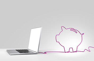 April Article Monthly Image - Picture of laptop and a cord in the shape of a piggy bank