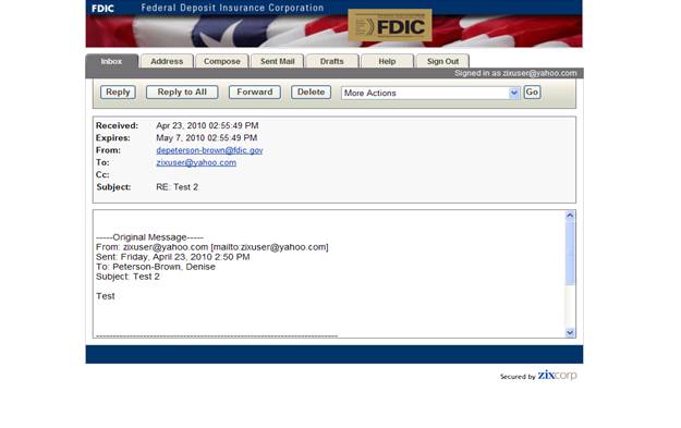 Figure 4: FDIC Secure Email Message Center Reply Inbox.