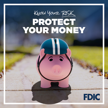 Know Your Risk. Protect Your Money - Pig Carmen Cents wearing a helmet