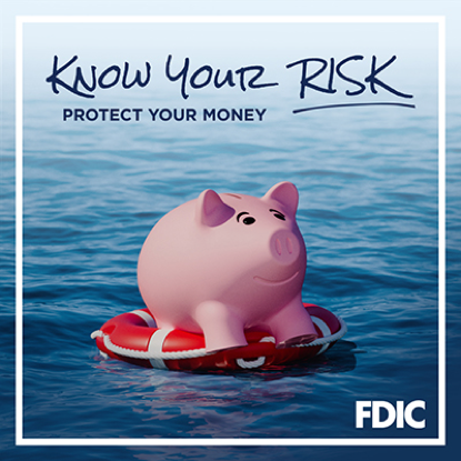 Know Your Risk. Protect Your Money - Pig Carmen Cents on a floaty