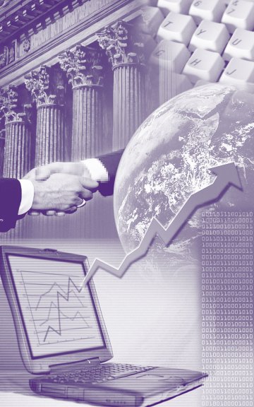 abstract image of a bank, a handshake, a globe and a laptop computer