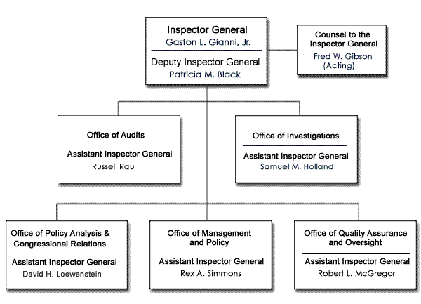 FDIC Organization Chart: Inspector General - Gaston L. Gianni, Jr., Deputy Inspector General - Patricia M. Black, Counsel to the Inspector General - Fred W. Gibson (Acting), Office of Audits (Assistant Inspector General)- Russell A. Rau, Office of Investigations - Samuel M. Holland (Assistant Inspector General), Office of Policy Analysis and Congressional Relations (Assistant Inspector General) - David H. Loewenstein, Office of Management and Policy (Assistant Inspector General) - Rex A. Simmons, Office of Quality Assurance and Oversight (Assistant Inspector General)- Robert L. McGregor 