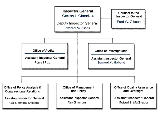 FDIC OIG Organization: Inspector General  Gaston L.Gianni  202-416-2026,  Deputy Inspector General  Patricia M. Black  202-416-2474, Counsel to the Inspector General  Fred Gibson (Acting)  202-416-2917, Assistant Inspector General for Audits  Russell Rau  202 416-2543,  Assistant Inspector General for Investigations  Samuel Holland  202-416-2912,   Assistant Inspector General Office of Policy Analysis and Congressional Relations Rex Simmons (Acting) 202-416-2483, Assistant Inspector General for Management and Policy  Rex Simmons  202-416-2483,  Assistant Inspector General for Quality Assurance and Oversight  Robert McGregor  202-416-2501