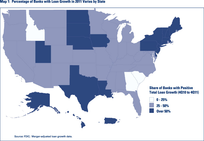 Map 1: Percentage of Banks with Loan Growth in 2011 Varies by State