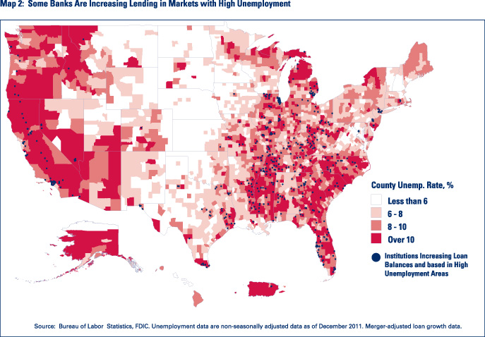 Map 2: Some Banks are Increasing Lending in Markets with High Unemployment