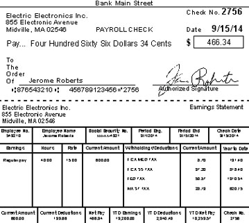 Earnings Statement with descriptions and amounts: Payroll Check with $466.34, Pay Type column, Employee Name column, Employee Number column, Period Beginning and End columns, Check Date column. Also boxes for Year To Date totals for six categories. 