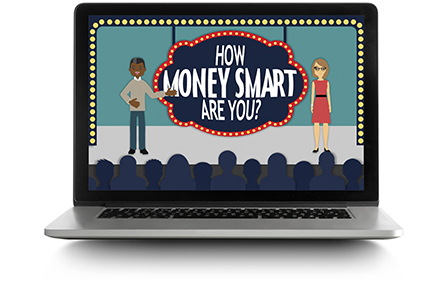 Logo image of How Money Smart Are You? displayed on a laptop screen