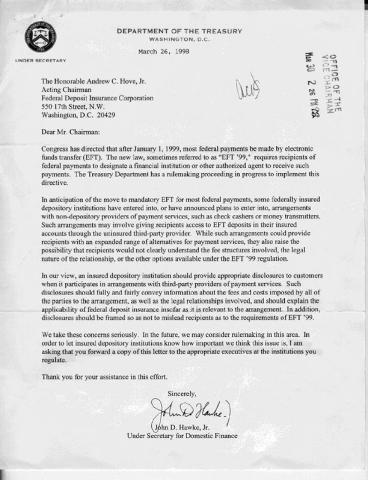 Letter from Treasury Under Secretary John D. Hawke, Jr.